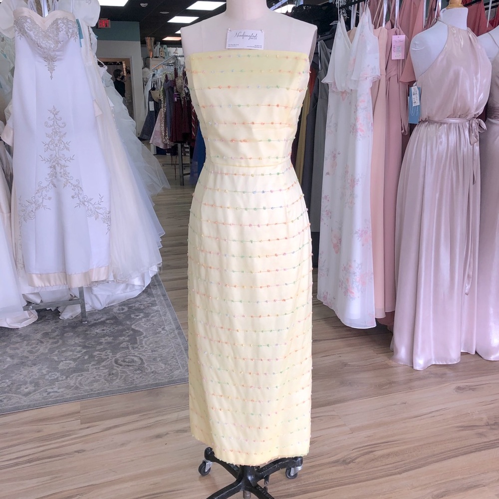 Yellow MIDI Pencil dress rainbow pastel detail